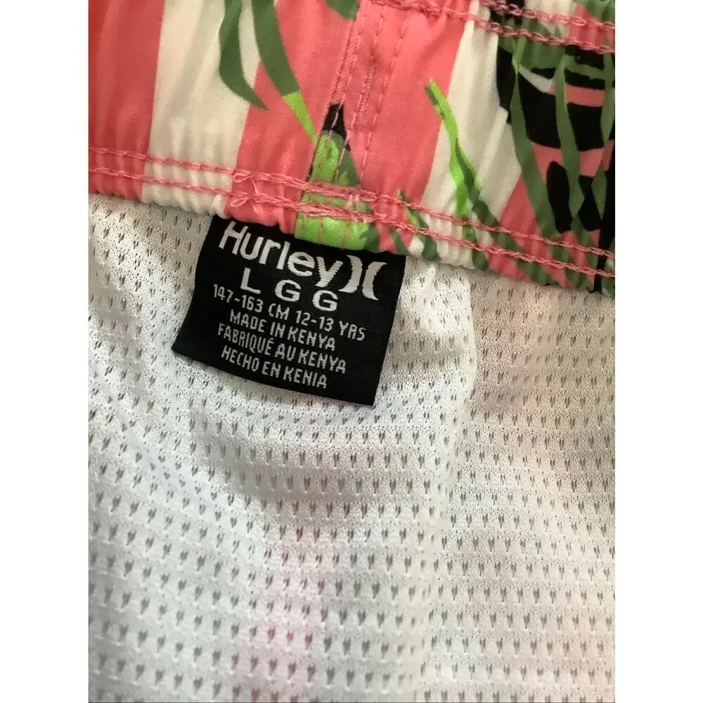 Hurley Boys Large Sunset Coral Cabana Stripe Pull On Swim Trunks Tropical V4-2